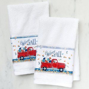 Set 2 Welcome Fall PICKUP TRUCK & DOG HAND TOWELS Leaves